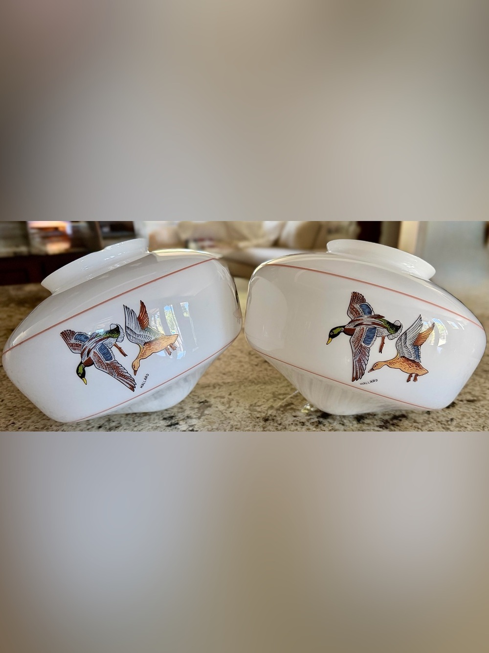 Vintage Milk Glass Hand Painted Mallard Ducks Light Fixture Shade 4'' Fitter - Picture 3 of 7